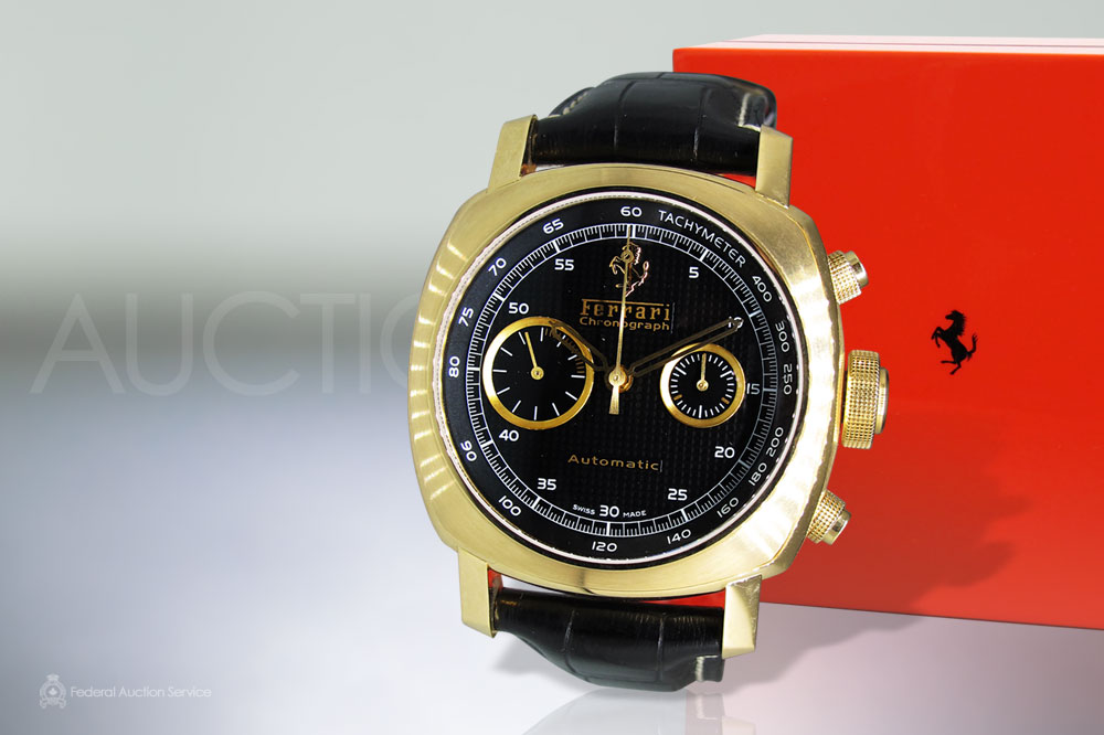 18k Yellow Gold Superb Panerai Ferrari Granturismo Chronograph with Crocodile Strap, Red Trim. Limited Edition sold for $17,000