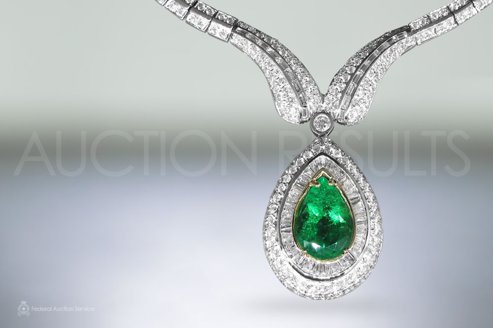 GIA Certified 10.75ct Pear Shape Colombian Emerald and Diamond Necklace sold for $45,000