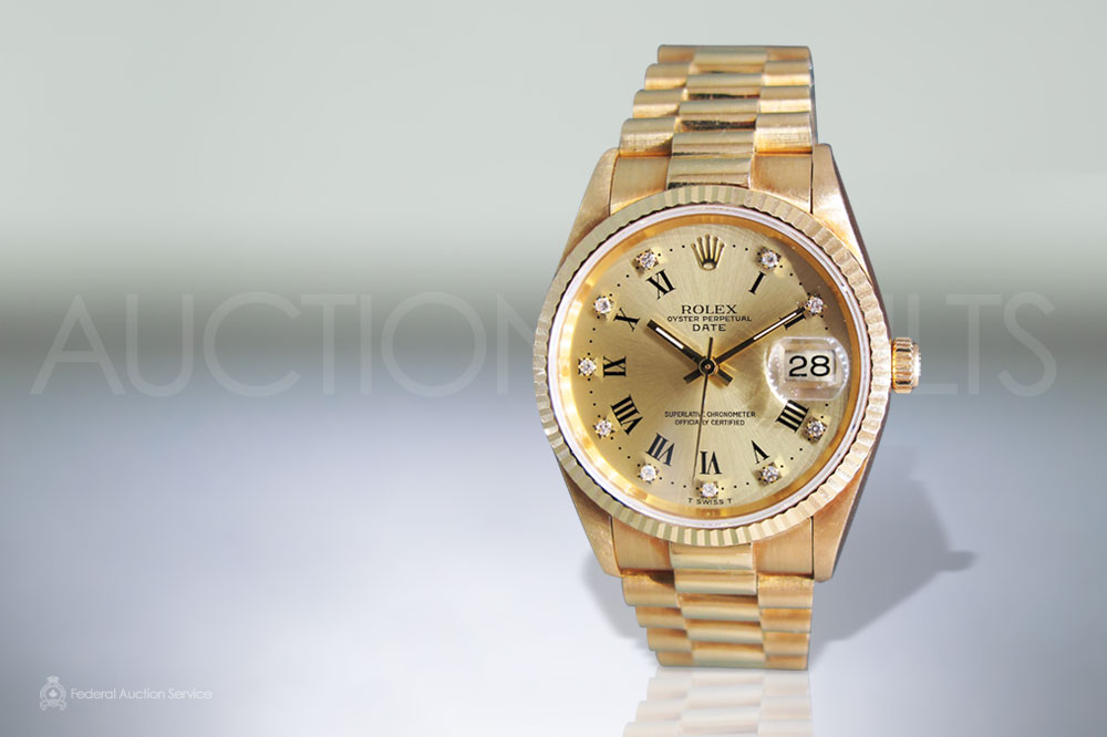 Men's 18k Yellow Gold Rolex Date Automatic Wristwatch with Diamonds sold for $19,000